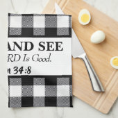 Proef en zie dat de HEER goed is, zwart en wit Theedoek (Quarter Fold)