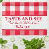 Proef en zie dat de Heer goed rood & wit is Theedoek (Gevouwen)