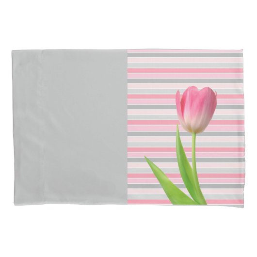 Proefblad Hoesje Roze Tulip Grijze streep Kussensloop (Voorkant)