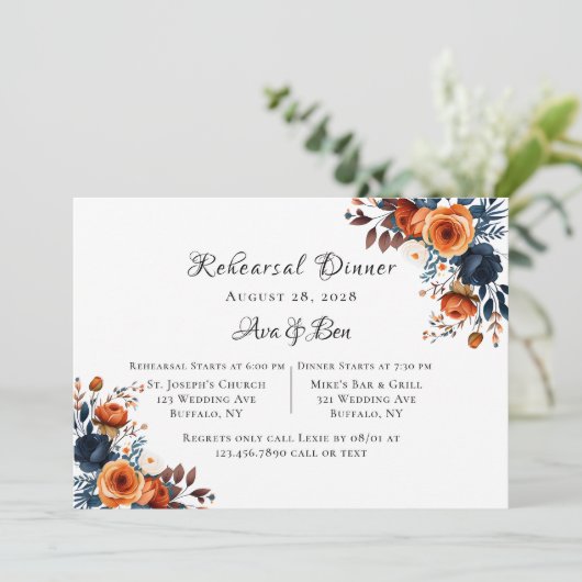 Proefhuwelijksdiner in Navyblauw en Oranje Pioenro Kaart (Staand voorkant)