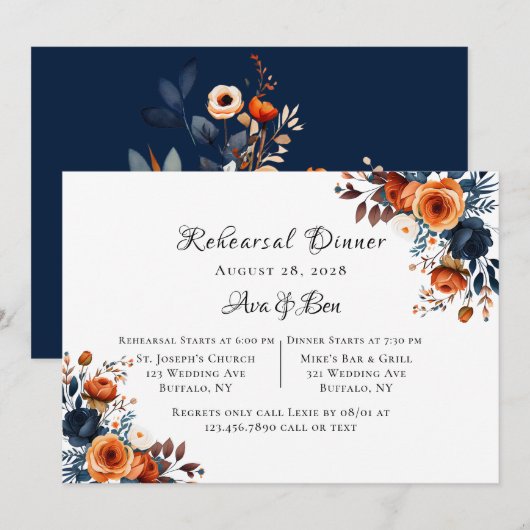 Proefhuwelijksdiner in Navyblauw en Oranje Pioenro Kaart (Voorkant / Achterkant)