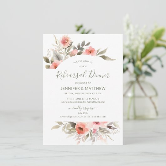 Proefhuwelijksdiner Waterverf Blush Rozenkrans Kaart (Staand voorkant)