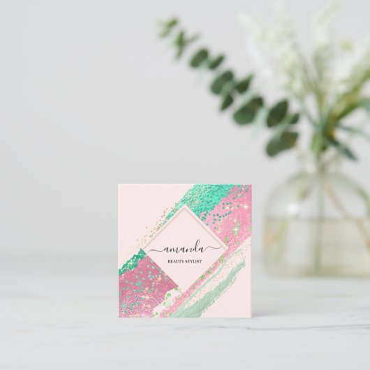 Professional Beauty Makeup Logo Roze Rose Vierkante Visitekaartje (Staand voorkant)
