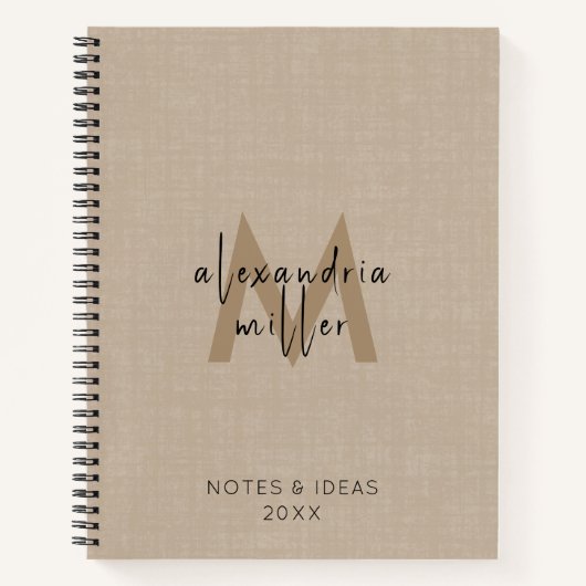 Professional Beige Linen Monogram Script Notitieboek (Voorkant)