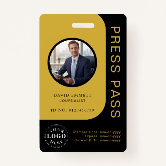 Professional Black Gold Media Press Pass ID Badge (Voorkant)
