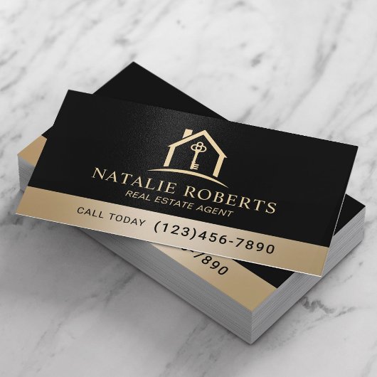 Professional Black & Gold Real Estate Agent Visitekaartje