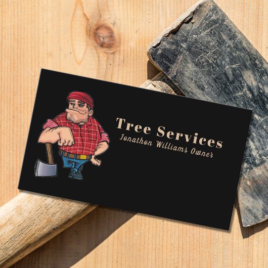 Professional Black & Red Tree Service Cartoon Guy Visitekaartje