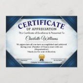 Professional Blue Appreciation Certificate Informatiekaartje (Voorkant)