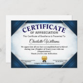 Professional Blue Appreciation Certificate Informatiekaartje (Voorkant / Achterkant)