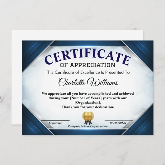 Professional Blue Appreciation Certificate Informatiekaartje (Voorkant / Achterkant)