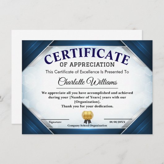 Professional Blue Appreciation Certificate Kaart (Voorkant / Achterkant)