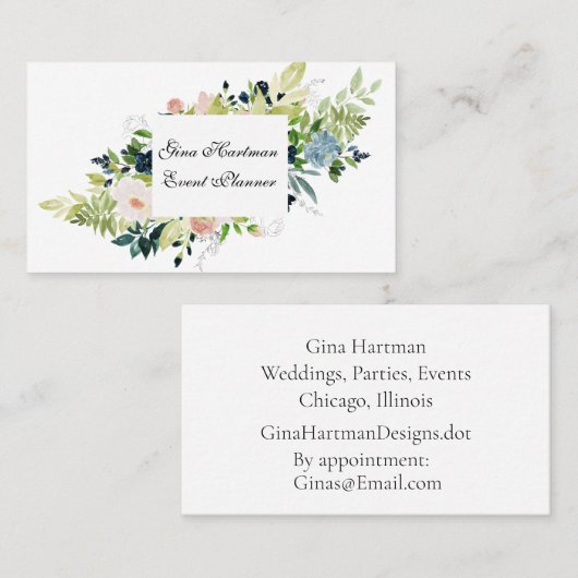 Professional Blue en Blush Waterverf Bouquet Visitekaartje (Voorkant / Achterkant)