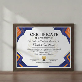 Professional Blue Gold Appreciation Certificate Informatiekaartje