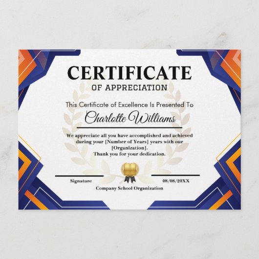 Professional Blue Gold Appreciation Certificate Informatiekaartje (Voorkant)