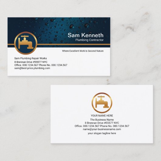 Professional Blue Water Drop Gold Faucet Plummer Visitekaartje (Voorkant / Achterkant)