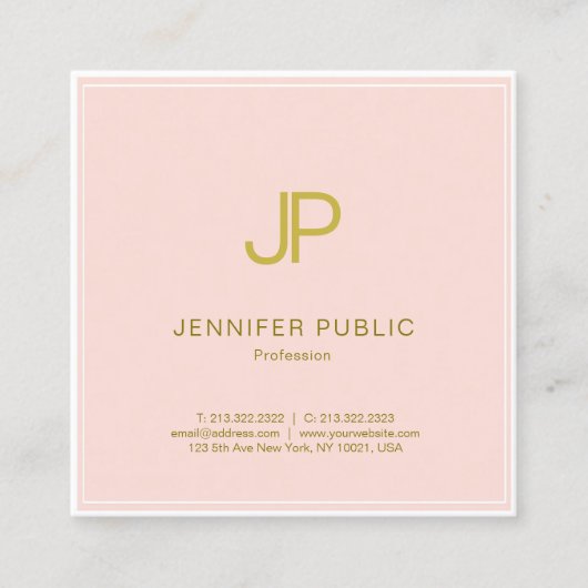 Professional Blush Pink Gold Elegant Monogram Vierkante Visitekaartje (Voorkant)