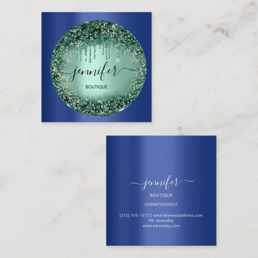 Professional Boutique Shop Glitter Green BlueNavy Vierkante Visitekaartje (Voorkant / Achterkant)