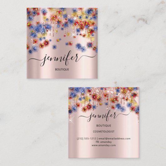 Professional Boutique Shop Roos Confetti Glitter Vierkante Visitekaartje (Voorkant / Achterkant)