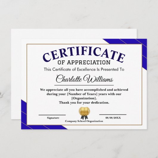 Professional Certificate of Appreciation Award Informatiekaartje (Voorkant / Achterkant)