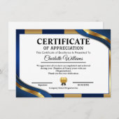 Professional Certificate of Appreciation Blue Gold Informatiekaartje (Voorkant / Achterkant)