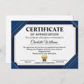 Professional Certificate of Appreciation Blue Gold Informatiekaartje (Voorkant / Achterkant)