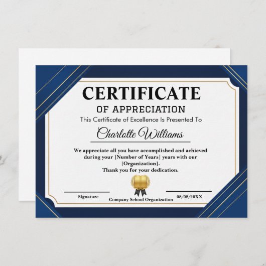 Professional Certificate of Appreciation Blue Gold Informatiekaartje (Voorkant / Achterkant)