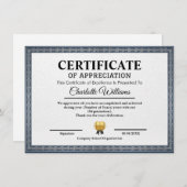 Professional Certificate of Appreciation Template Informatiekaartje (Voorkant / Achterkant)