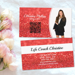 Professional Coral Bokeh Glitter Custom Photo QR Visitekaartje