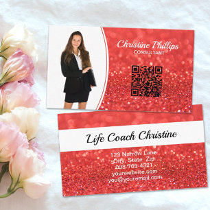 Professional Coral Bokeh Glitter Custom Photo QR Visitekaartje