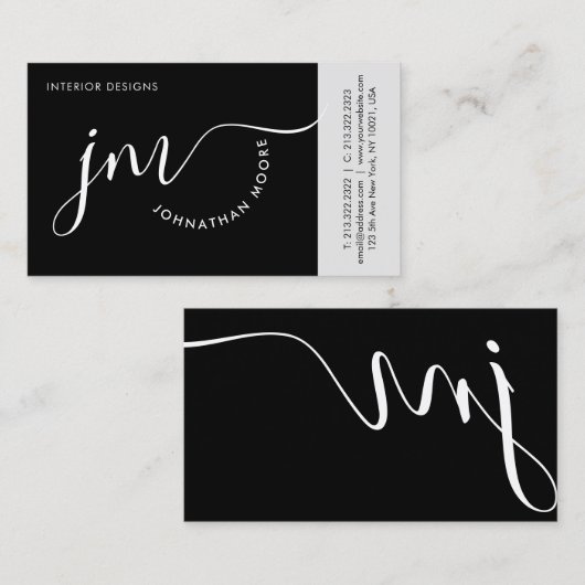 Professional Curvature Black White Script Monogram Visitekaartje (Voorkant / Achterkant)
