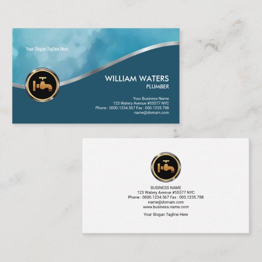 Professional Elegant Cyan Silver Wave Plumber Visitekaartje (Voorkant / Achterkant)