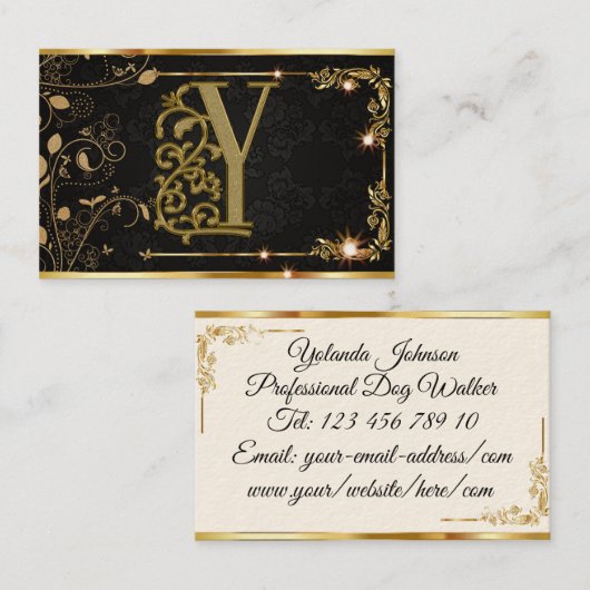 Professional Elegant Monogram Black en Gold Visitekaartje (Voorkant / Achterkant)