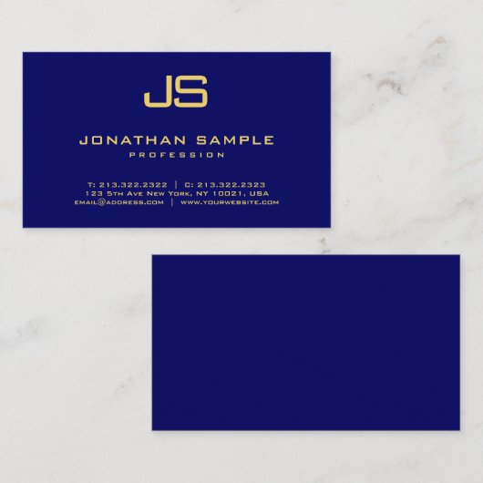 Professional Elegant Monogram Navy Blue Gold Visitekaartje (Voorkant / Achterkant)