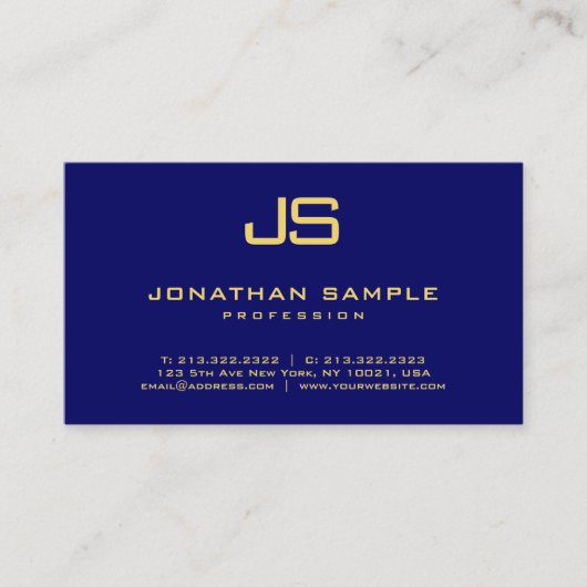 Professional Elegant Monogram Navy Blue Gold Visitekaartje (Voorkant)