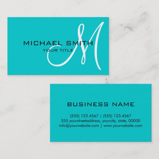 Professional Elegant Monogram Plain Turquoise Visitekaartje (Voorkant / Achterkant)