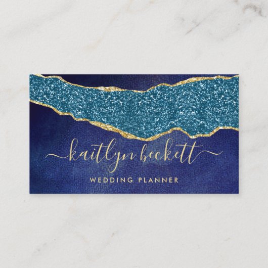 Professional Elegant Navy Blue & Gold Agate Visitekaartje (Voorkant)