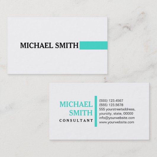 Professional Elegant Turquoise Modern Plain White Visitekaartje (Voorkant / Achterkant)