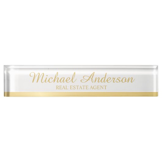 Professional Elegant White en Gold Naambordje (Voorkant)