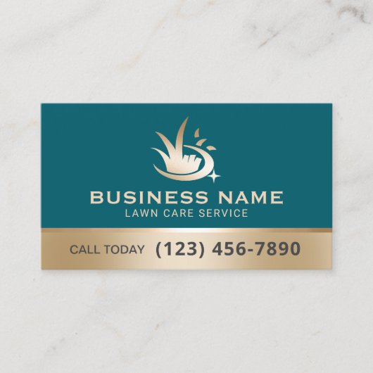Professional Gold Lawn Care Logo Teal Landscaping Visitekaartje (Voorkant)