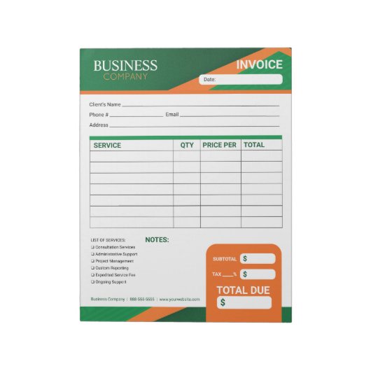 Professional Green with Orange Stripe Invoice Form Notitieblok (Linkerzijde)
