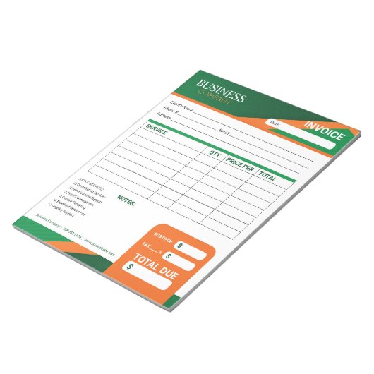 Professional Green with Orange Stripe Invoice Form Notitieblok (Schuin)