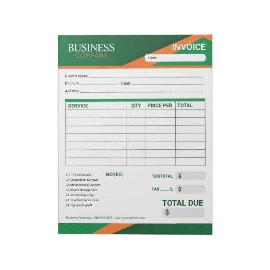 Professional Green with Orange Stripe Invoice Form Notitieblok (Linkerzijde)