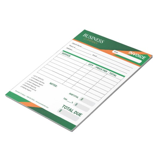 Professional Green with Orange Stripe Invoice Form Notitieblok (Schuin)