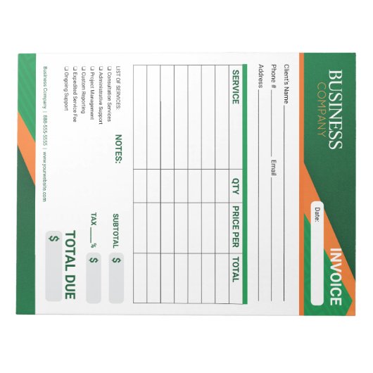 Professional Green with Orange Stripe Invoice Form Notitieblok (Voorkant)
