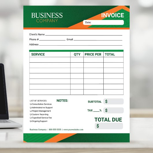 Professional Green with Orange Stripe Invoice Form Notitieblok