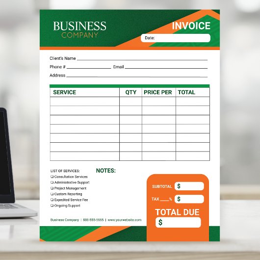 Professional Green with Orange Stripe Invoice Form Notitieblok
