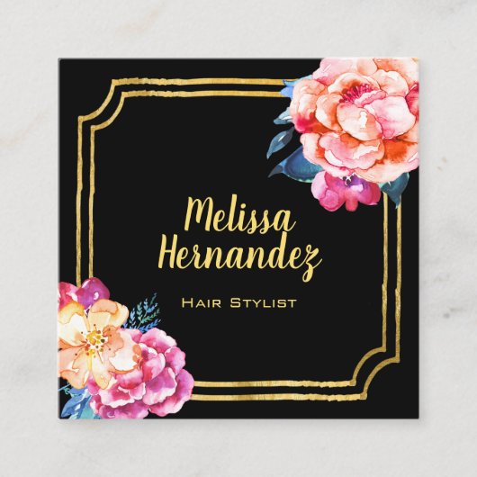Professional Haarstylist Floral Pink Black Gold Vierkante Visitekaartje (Voorkant)