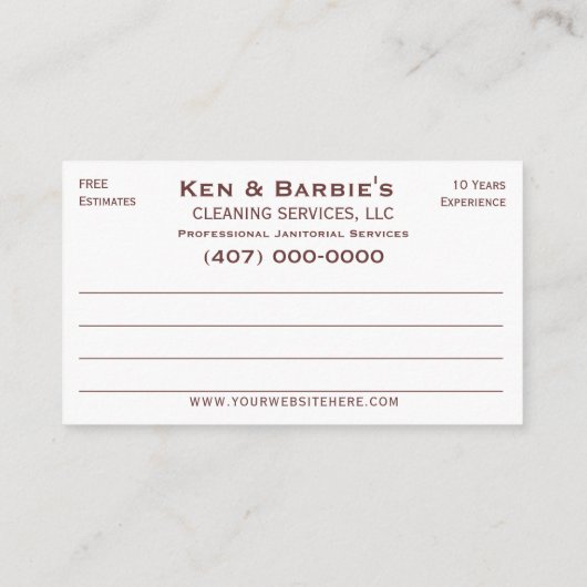 Professional Janitorial Cleaning Housekeeping Serv Visitekaartje (Achterkant)