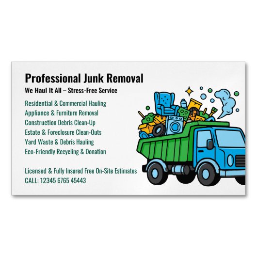 Professional Junk Removal Hauling Services Truck Magnetisch Visitekaartje (Voorkant)