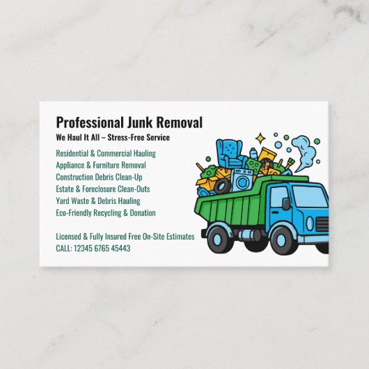 Professional Junk Removal & Hauling Services Visitekaartje (Voorkant)